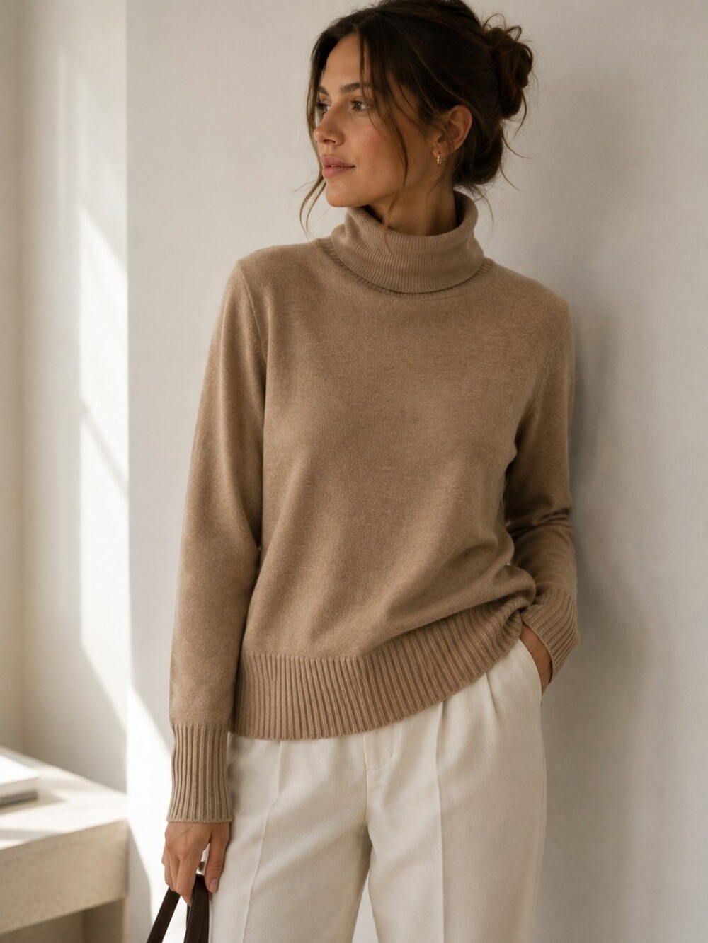 French Connection Babysoft Camel Ribbed Turtleneck Sweater Cozy Quiet Luxury S